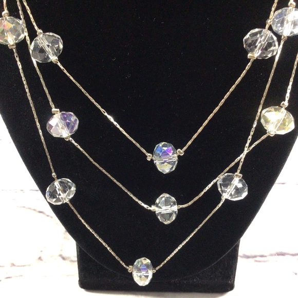 Iridescent glass crystal silver tone 3 strand sparkle necklace - Picture 4 of 7